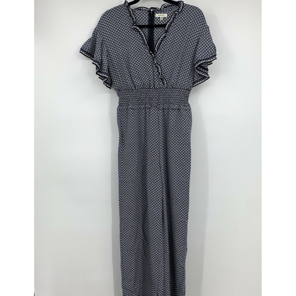 Max Studio XS Jumpsuit Smocked Ruffles Pockets Diamond Boho Peasant NEW